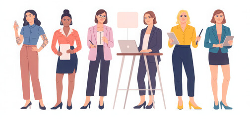 Obraz premium Flat minimalist illustration of diverse professional women standing, wearing modern business outfits and holding documents, laptop, phone, tablet. Vector iolated on transparent background