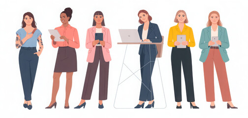 Obraz premium Flat minimalist illustration of diverse professional women standing, wearing modern business outfits and holding documents, laptop, phone, tablet. Vector iolated on transparent background