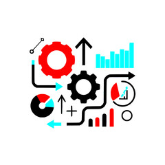 Fototapeta premium Innovation Diagram: Conceptual illustration of business innovation, showing the interconnectedness of gears, graphs, and arrows, symbolizing the dynamic process of growth and progress.