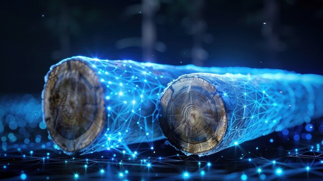 Digital Transformation of Wood Logs with Futuristic Blue Light Connections Concept in Nature