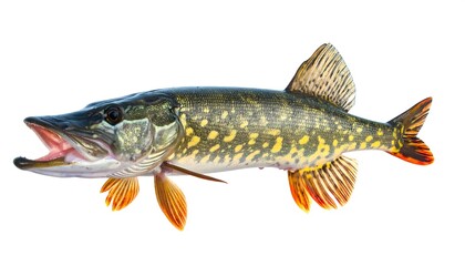 Naklejka premium Northern Pike Fish Isolated on White Background, Ready to Strike.
