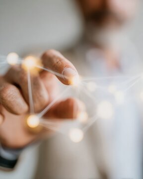 Businessman touching digital ecosystem interface with glowing network icons representing startup collaboration, global venture partnership, and innovative tech solutions
