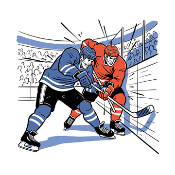 Aggressive Ice Hockey Players Illustration. Retro comic book style athletes checking near the boards on rink. Vintage sports print design.