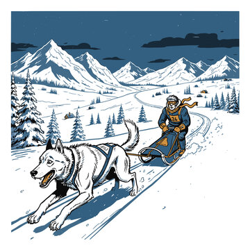 Vintage illustration of dog sled racing in snowy mountains. Musher and husky in retro winter landscape print design.