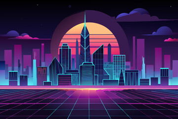Futuristic cityscape with neon lights at sunset skyscrapers 4