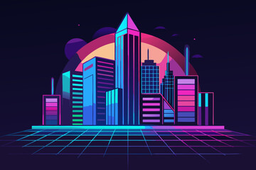 Futuristic cityscape with neon lights at sunset skyscrapers 5