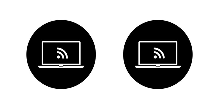 RSS feed icon in laptop screen. News update, blog subscription symbol in notebook computer display in black circle