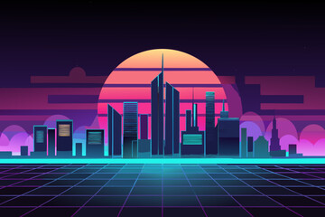 Futuristic cityscape with neon lights at sunset skyscrapers