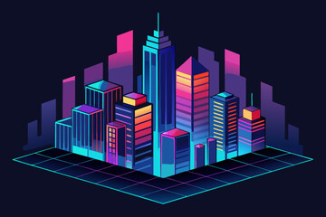 Isometric cityscape with colorful skyscrapers and grid floor at night neon
