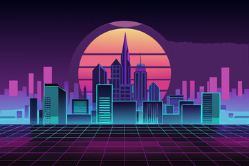 Neon lit cityscape with grid floor and sunset