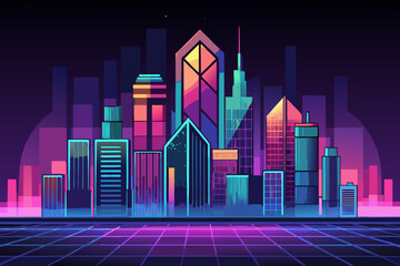 Neon lit futuristic city skyline at night with purple and blue grid floor cityscape buildings skyscrapers