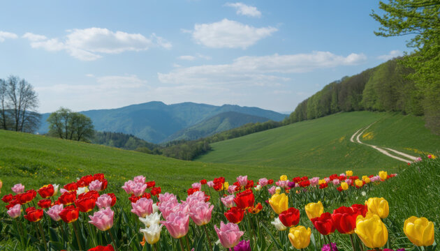 Springtime meadow scene in Zollikon, Zurich featuring vibrant greenery and wildflowers, ideal for environmental education or outdoor activities, Earth Day 