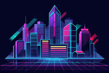 Neon lit futuristic cityscape with skyscrapers and grid floor