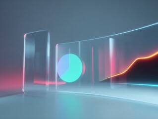 Digital business dashboard screens with glowing analytical charts and graphs for financial performance monitoring in high tech neon pink and mint green colors