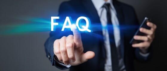 Businessman touching faq digital button for online support and information service, man holding smartphone for customer communication, professional help desk concept