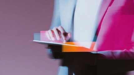 Businessman using digital tablet for workflow automation and data management in futuristic tech office setting with cherry pink and plum wine lighting accents