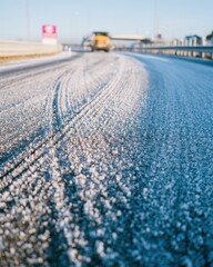 Icy Road Surface with Tire Tracks and Frost on Highway Asphalt during Winter Sunrise for Transportation Safety and Seasonal Weather Background