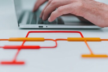 Close up of businessman hands typing on laptop for business process mapping and automated system optimization within a modern workflow management interface