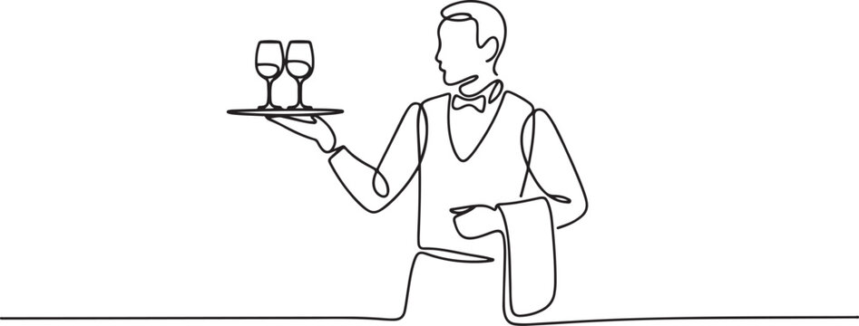 continuous line drawing of waiters man holding order glass wine on the tray for customer. one line Art icon drawing vector