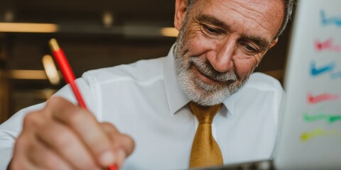 Mature businessman reviewing corporate policy on laptop screen with colorful checklist marks, professional man performing compliance audit in office setting with copy space