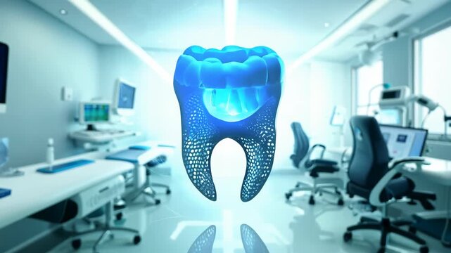 A futuristic glowing digital model of a tooth floats in a high-tech dental office. 4k Video footage.
