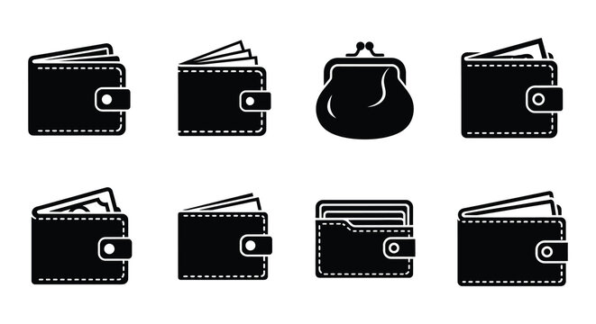 Black and white illustrations of various wallet styles and card holders