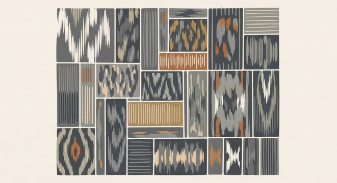 Abstract Ikat Textile Collage with Varied Patterns and Textures.