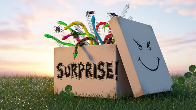 Surprise prank box with colorful worms in a grassy field at sunset  