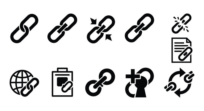 Black and white icons depicting chains links globes and various symbols