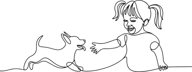Continuous line drawing of happy little girl playing with dog pet. one line Art icon drawing vector