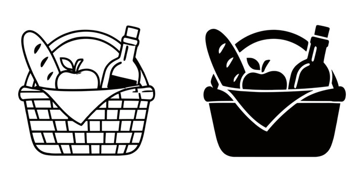 Hand drawn line art and silhouette picnic basket icon set featuring a baguette, apple, and wine bottle for outdoor leisure activities