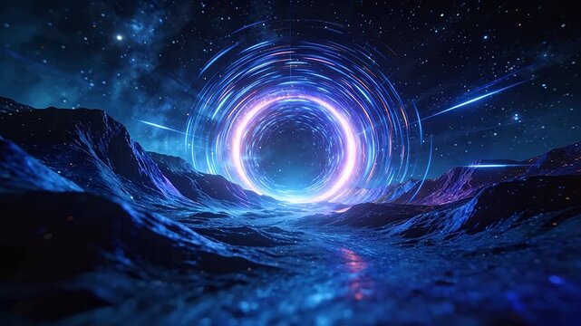 Sci-fi space tunnel portal with galaxy and nebula background