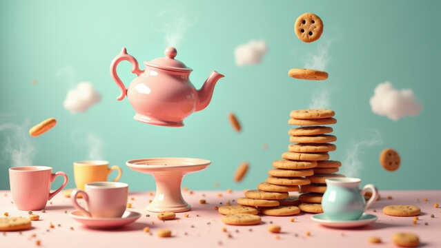 Surreal silly tea party with cups pouring liquid upward into floating teapot, cookies defying gravity, steam creating spiral staircases, pastel madness, everything crisp and clear, whimsical absurdity