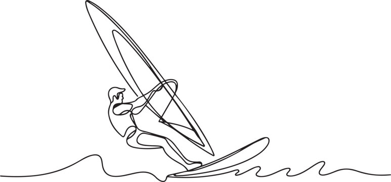 Continuous single line sketch drawing of professional windsurfing athlete ride surfboard on ocean wave. one line Art icon drawing vector