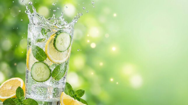 A tall glass of refreshing detox water with a dynamic splash effect, containing cucumber slices, lemon, and fresh mint leaves.