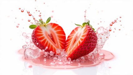 Fresh strawberries splashing with water droplets and ice cubes on white background, juicy red berries with dynamic liquid motion and flying droplets, concept of food, health, summer
