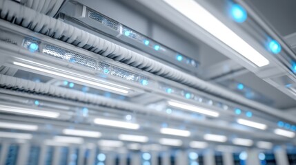 Data center ceiling with lighting and cables