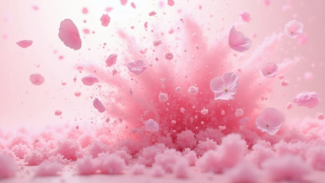 Delicate pink flower petals floating and exploding in soft clouds with sparkles, dreamy pastel spring background with gentle powder burst, concept of beauty, spring, celebration