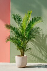 Obraz premium Tropical green palm tree in a minimalist ceramic pot standing against a colorful pastel wall background serving as luxury hotel entrance decor for hospitality marketing