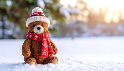 Cute Teddy Bear in Winter Wonderland Scene.