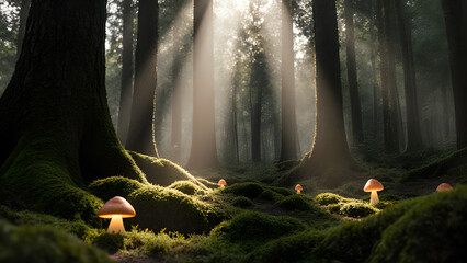 Magical Forest with Sun Beams and Glowing Mushrooms