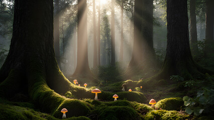 Magical Forest with Sun Beams and Glowing Mushrooms
