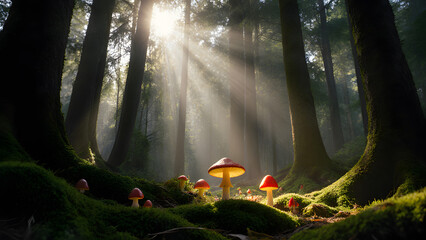 Magical Forest with Sun Beams and Glowing Mushrooms