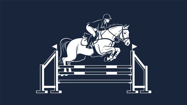 Equestrian jumping over obstacle, horse and rider, sport illustration