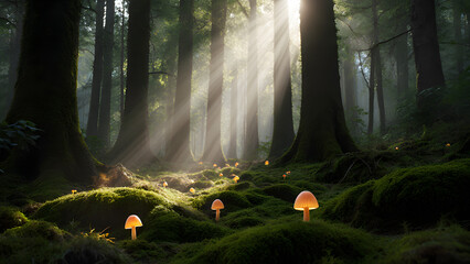 Magical Forest with Sun Beams and Glowing Mushrooms