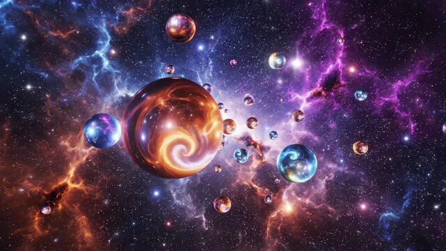 Multiverse concept with bubbles of other universes in deep space nebula