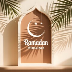 minimal beige ramadan mubarak poster with palm tree leaves