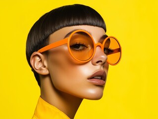 A close-up portrait of a fshion model with a slick hirstyle and circular orang sunglasses against a boldyellow backdrop. Contemporry styling with playful coor blocking and attitude.