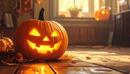 A lit jack-o-lantern on a wooden floor in a room