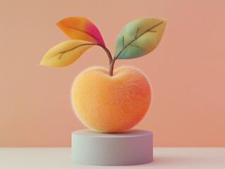 A vibrant orange apple wit a fuzzy texture and colorul leaves displayed on a mnimal pedestal. A whimsica and artistic concept.